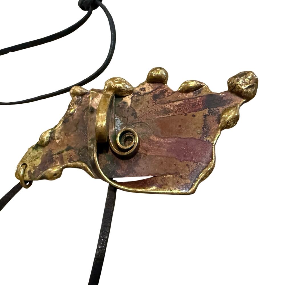 Vintage Artisan-Made Brutalist Modernist Copper Brass Statement Necklace Pendant